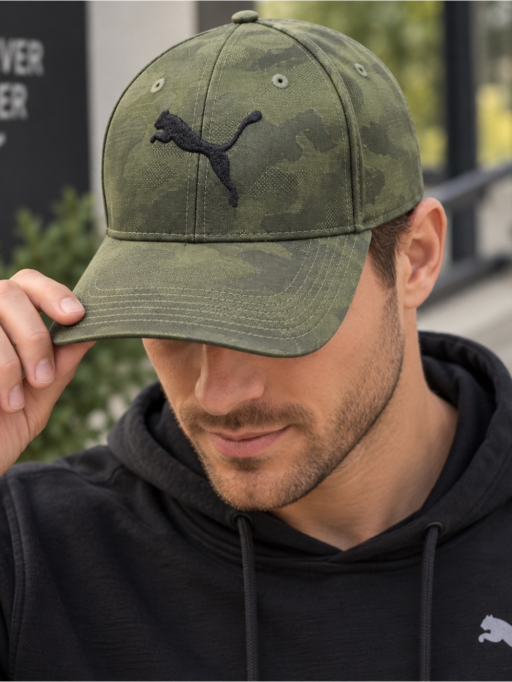 Puma Stretch Camo Baseball Cap Green Black Logo Size S/M
